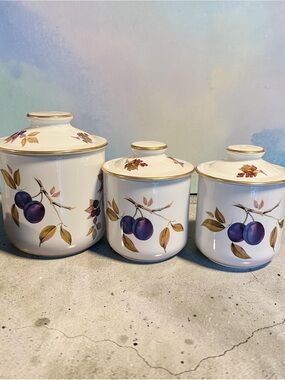 Royal Worcester White Ceramic Canister Set with Purple Plum Motif and Gold Trim